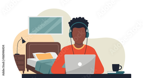 Person focused on laptop with headphones, working or studying remotely from a comfortable home bedroom. Ideal for concepts of productivity, online learning, or flexible work.