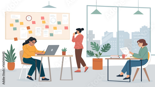 Three diverse women actively collaborate in a modern, light-filled office, focusing on tasks, communication, and planning, symbolizing productivity and teamwork.