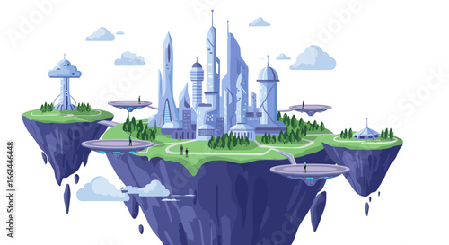 A futuristic utopian city with sleek, tall buildings on multiple interconnected floating islands, featuring green landscapes and small figures, against a white sky.