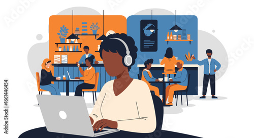 Diverse people work, study, and socialize in a vibrant cafe or co-working space. Modern digital nomad lifestyle, remote work, and community concept.