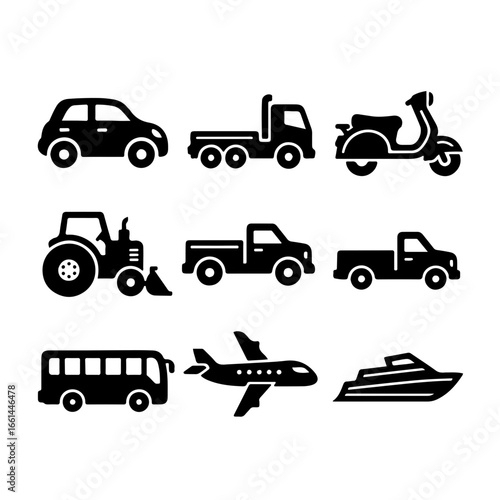 Collection of transportation icons including cars trucks motorcycles tractors buses airplanes and boats