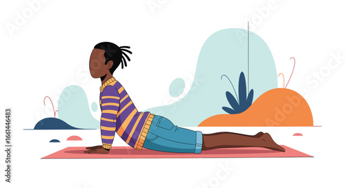 An illustrated person practices yoga in a Cobra pose on a mat, emphasizing health, wellness, and mindful exercise. Ideal for fitness, lifestyle, and wellbeing content.