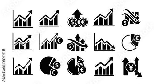 Collection of black and white financial charts and graphs representing business and economic growth.