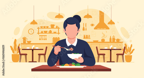 Illustration of a person enjoying a healthy meal at a restaurant, symbolizing a balanced lifestyle, mindful eating, or a pleasant dining experience.