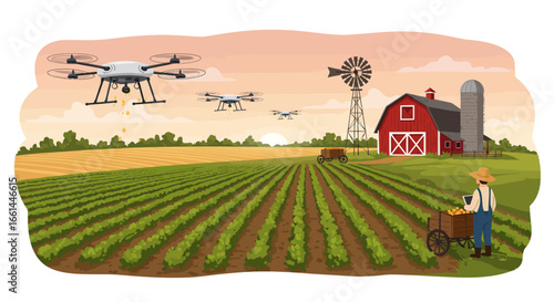 Advanced agricultural technology featuring multiple drones surveying lush crop fields on a farm with a farmer, barn, and windmill.