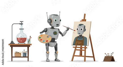 A charming cartoon robot with a paint palette and brush creates a self-portrait on an easel, surrounded by art supplies and scientific equipment.