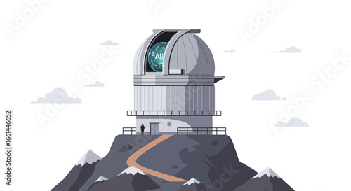 An illustration of a large astronomical observatory on a mountain peak, with a blue planet visible inside its dome, under a cloudy sky.