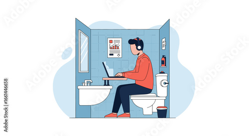Person works on laptop in bathroom, highlighting remote work, privacy, and finding unconventional spaces for productivity. Modern lifestyle and business concept.