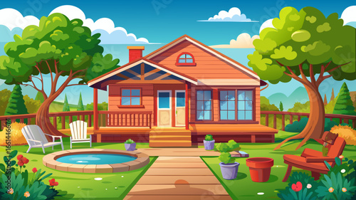 a wooden deck and green backyard