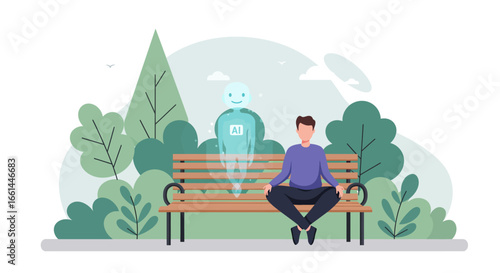 A man meditating peacefully on a park bench alongside a friendly, translucent AI robot companion in a serene outdoor setting.