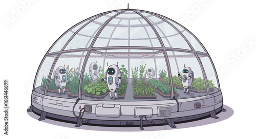 Small robots cultivating various green plants inside a futuristic, transparent geodesic dome greenhouse.
