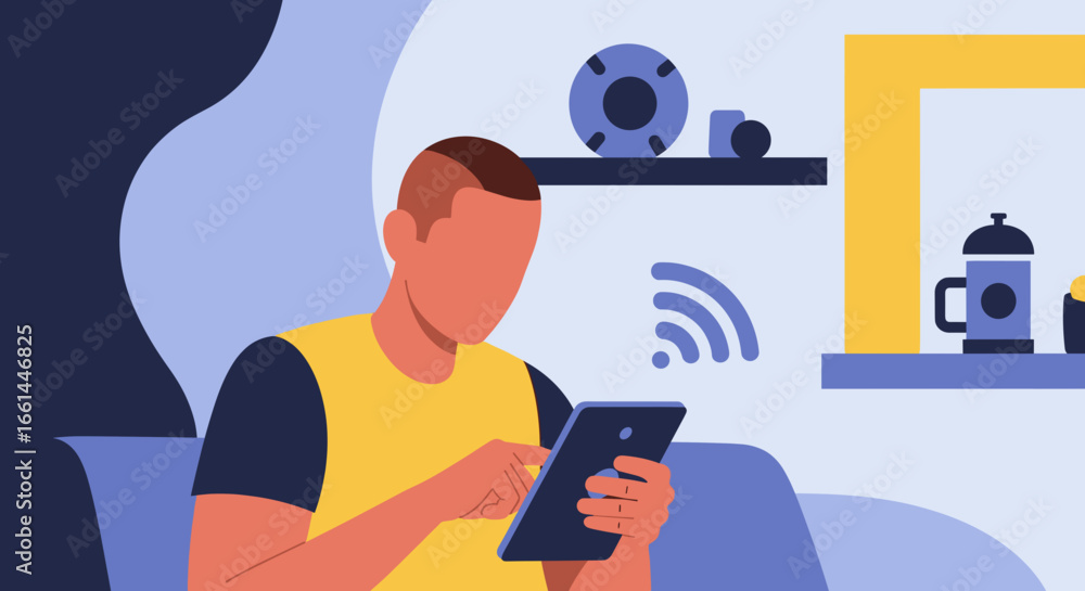 Obraz premium Modern person using a tablet with Wi-Fi connectivity in a smart home, illustrating digital lifestyle, remote work, and technology integration.