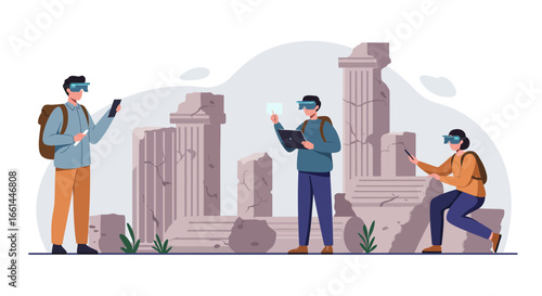 People wearing VR headsets explore ancient ruins, engaging with augmented reality for historical education.
