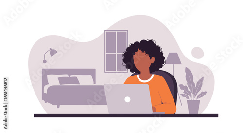 Young Black woman working remotely on laptop from a comfortable home office setup, symbolizing productivity, online learning, and flexible modern work-life balance.