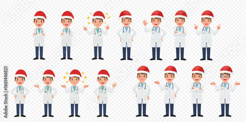 A collection of cartoon male doctors wearing Santa hats, depicted in various poses and expressions for the holiday season.