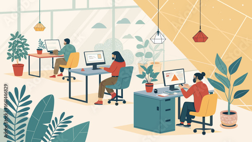 Modern office with diverse team members working diligently on computers, fostering productivity and a collaborative environment. Ideal for business, technology, and lifestyle concepts.