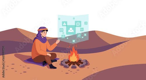 A person in traditional desert clothing sits by a campfire, interacting with a futuristic holographic display in a vast sandy landscape.