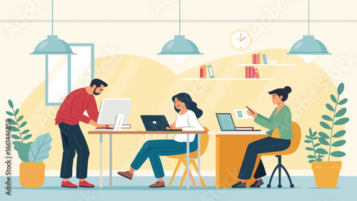 Professionals collaborate in a modern, vibrant office, utilizing technology for productivity and teamwork. Ideal for business, corporate, and lifestyle content.