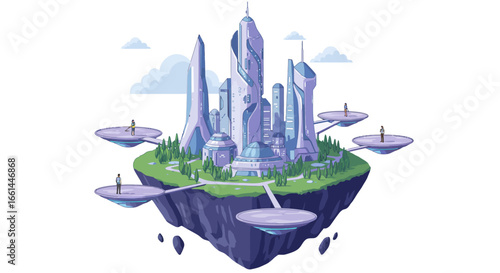 A futuristic city with sleek, towering buildings on a lush floating island, connected to smaller platforms.