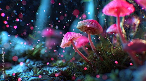 Pink mushrooms in a mystical forest scene.