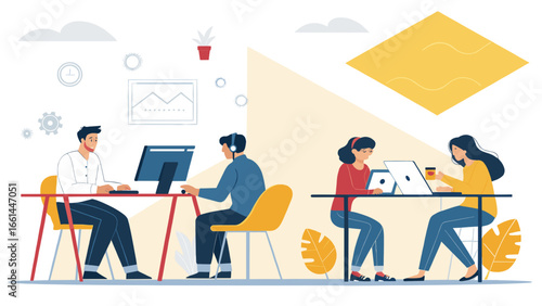 Diverse professionals actively collaborate and work efficiently in a modern, dynamic office environment, highlighting teamwork and productivity for business concepts.