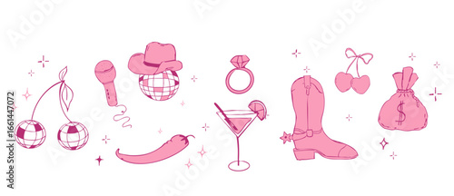 Border Disco ball y2k bachelorette party tattoo sketch. Disco ball pink with hat, vinyl, cherry disco set. Doodle shiny nightlife music illustration. Groovy 2000 party