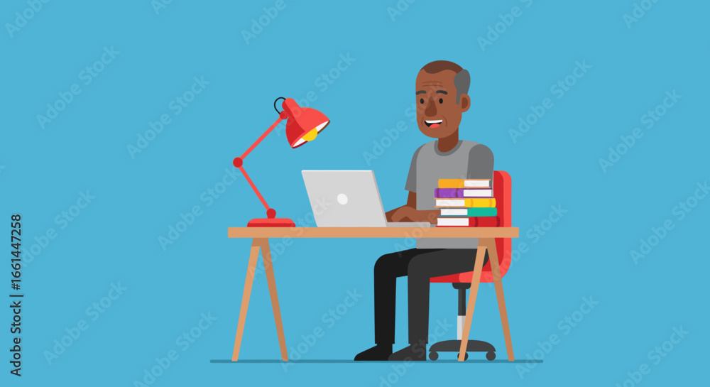 Fototapeta premium Happy senior man works productively on his laptop at a home desk, surrounded by books. Ideal for concepts like remote work, online education, or personal development.