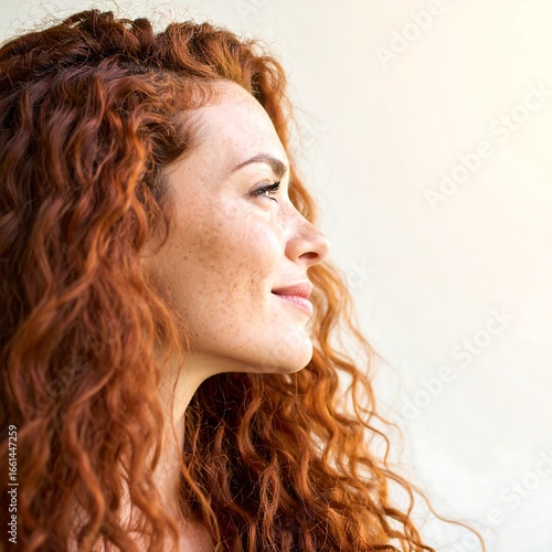 Woman with curly red hair profile view