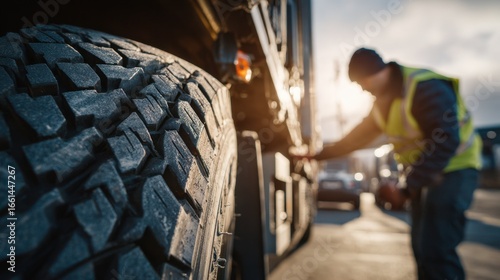 Medium shot of a technician closely examining a truck tire tread with detailed focus while the vehicles body softly blurs in the background on a sunny day.