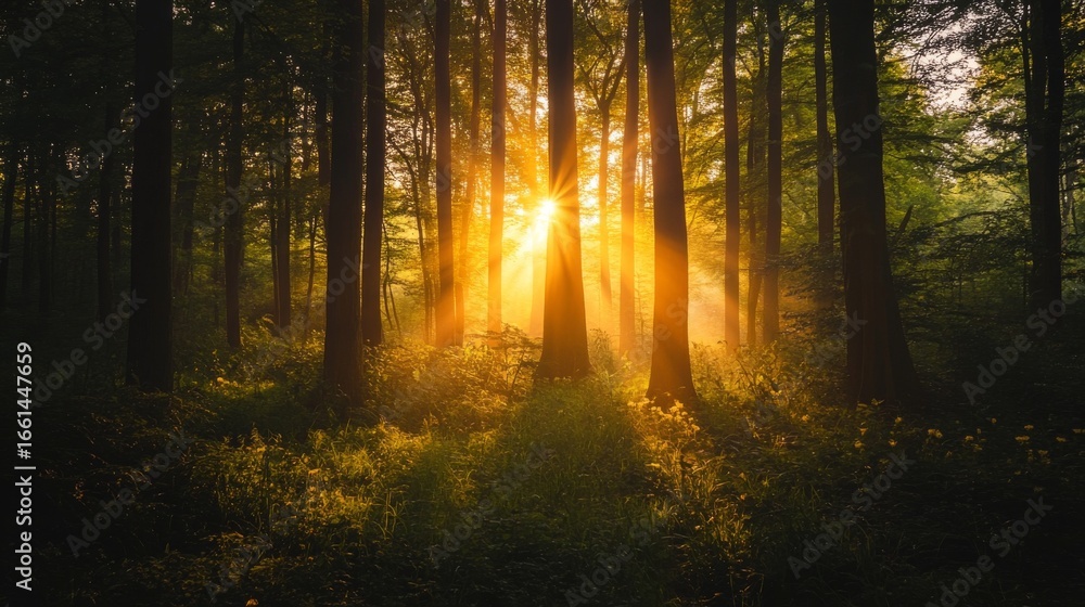 Obraz premium Sun rays shine through a forest canopy at sunrise