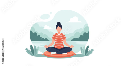 Person meditating peacefully in a serene nature landscape. Represents mindfulness, relaxation, inner peace, and a balanced, healthy lifestyle. Ideal for wellness content.