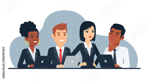 Diverse business professionals collaborate in an office meeting, utilizing laptops for teamwork and productive discussion. Ideal for corporate, technology, and diversity concepts.