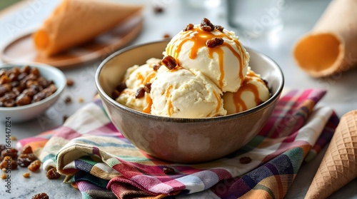 Creamy rum and raisin ice cream with plump raisins and Caribbean rum flavor (Jamaican Cuisine)