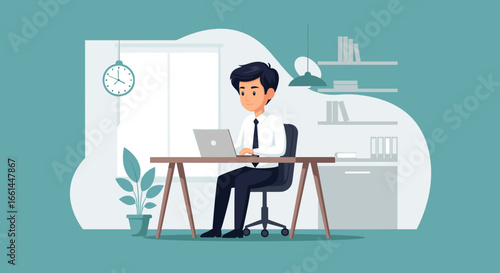 Young professional man working diligently on a laptop at his modern home office desk. Illustrates remote work, productivity, and online business.