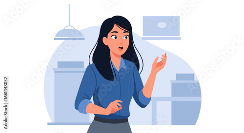 Surprised businesswoman reacting to unexpected news or an unusual situation in a modern office environment. Represents shock, confusion, or a sudden realization.