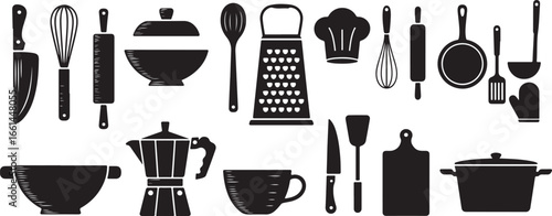 A set of black and white vector icons representing various kitchen appliances.