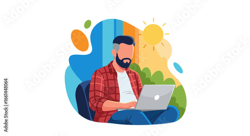 Bearded man working remotely on his laptop outdoors, enjoying a bright, sunny day. Ideal for concepts of freelance, digital nomad lifestyle, and flexible work.