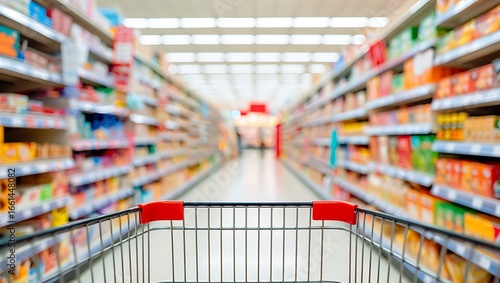 Perspective View Down a Supermarket Aisle Filled with Products from the Perspective of a Shopping Cart