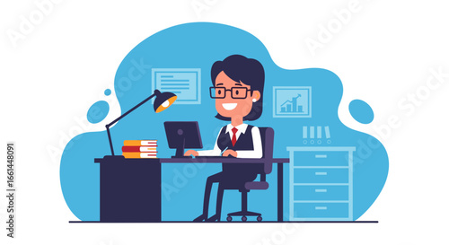 Smiling businesswoman diligently working at her office desk with a computer, lamp, and books. Represents professionalism, productivity, and modern corporate success.