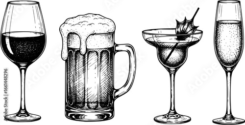 Set of sketched silhouettes La dolce vita italian sicily Amalfi style. Hand drawn ink line wine, beer, cocktail or champagne drawings. Sketch style bar or party Illustrations for wedding invitations, 