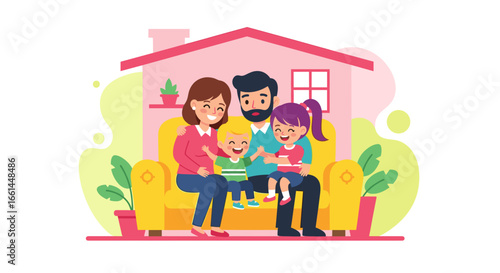 Happy family of four embracing on a cozy sofa at home, symbolizing love, security, and domestic bliss. Ideal for family, real estate, or insurance concepts.