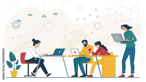 Diverse team collaborating in a modern coworking space, using laptops for business projects and innovation. Ideal for productivity and technology concepts.