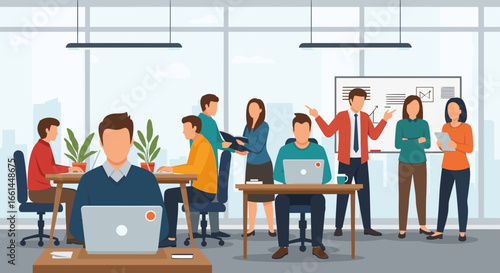 Diverse business professionals collaborate in a modern open office, working on laptops and discussing projects, symbolizing teamwork, productivity, and a dynamic work environment.