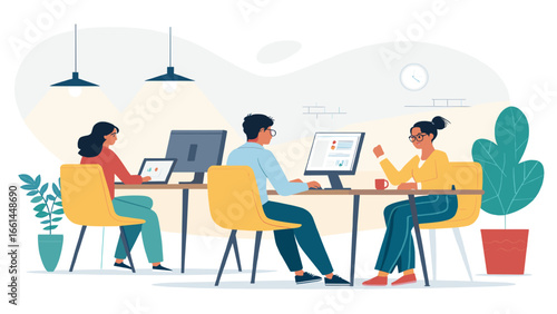 Diverse team of professionals working and collaborating at desks with computers in a modern, open office. Highlights teamwork, productivity, and a contemporary corporate setting.