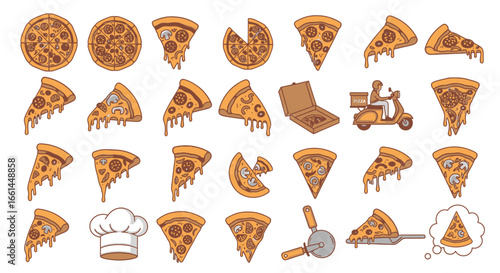 Delicious pizza illustrations featuring delivery scooter, chef hat, and variety of toppings and slices