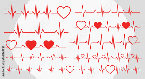 Dynamic heartbeat pulse trace, medical technology concept with red hearts for health, love, and wellness