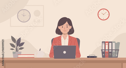 Smiling professional woman working diligently at her organized office desk with a laptop, showcasing productivity and a positive work environment.