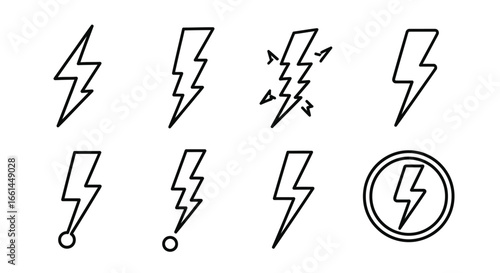 Lightning bolt icon set for weather apps and energy company branding, bold and modern design elements