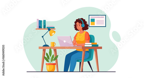 Happy woman in headphones uses laptop at home desk. Perfect for remote work, online learning, productivity, and modern lifestyle concepts.
