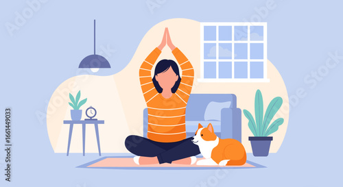 Woman in a calm yoga pose at home with her pet dog, illustrating a serene lifestyle, mindfulness, and well-being. Ideal for health, pet, or lifestyle content.